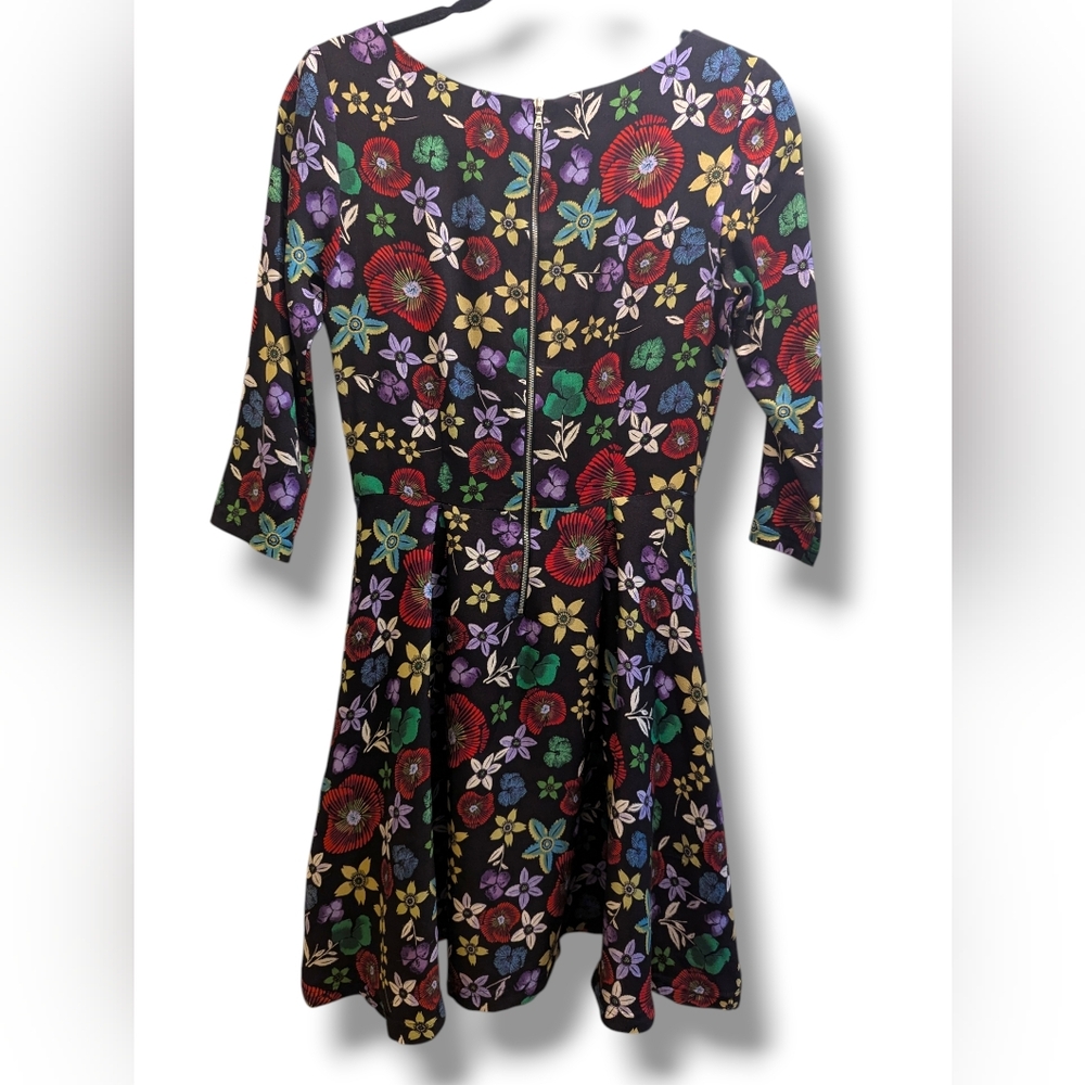 SUNO Stretch-Silk Multicolor Floral Fit-&-Flare Quarter Sleeve Mini Dress- 4 - Picture 5 of 15